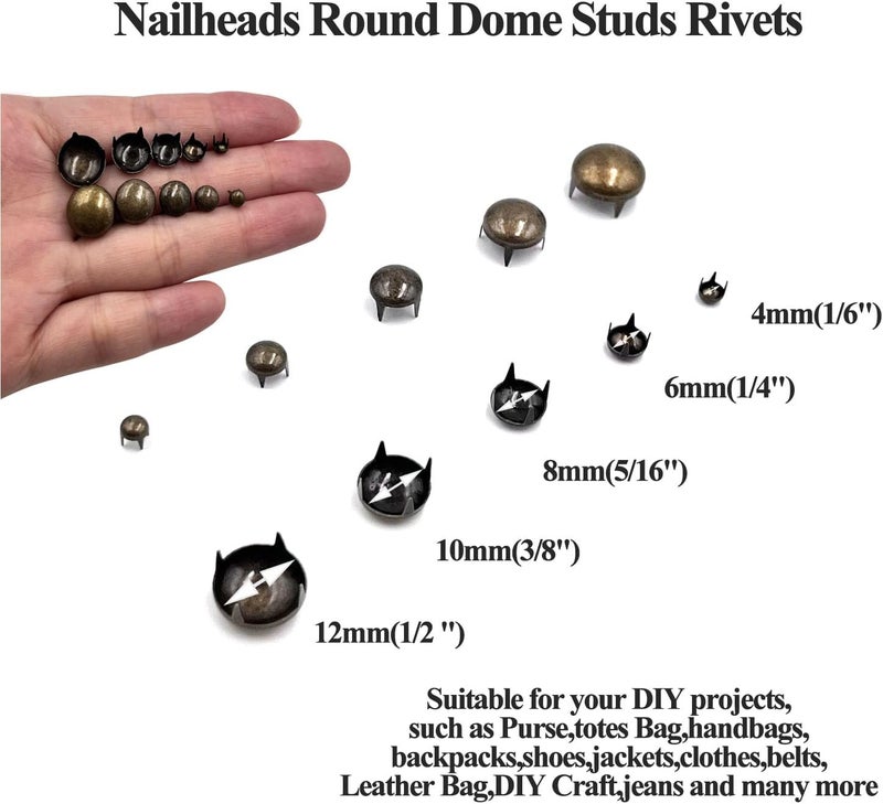 honigo 150pcs Nailheads Round Dome Studs Rivets Bronze Metal Solid Brass 4/6/8/10/12mm 4 Prongs Spikes Spots for Leather Craft Clothes Belt Bag Shoes Decorations Totes DIY Craft - Image 2